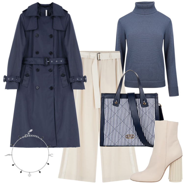 Outfit donna - Il trench primaverile. Stile Minimal per Tutti i giorni. Abbinamento con stivaletti, braccialetti con ciondoli, shopping bag, pantaloni, trench, maglieria.