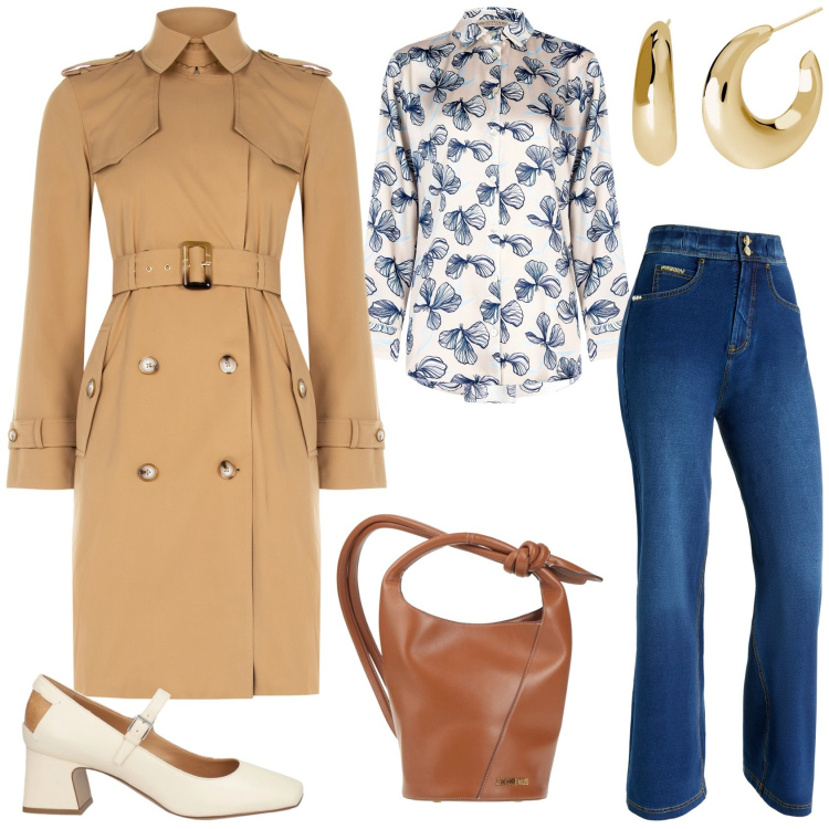 Outfit donna - Trench per l\'ufficio. Stile Casual chic per Ufficio. Abbinamento con borse a secchiello, décolleté, orecchini, trench, camicie, jeans.