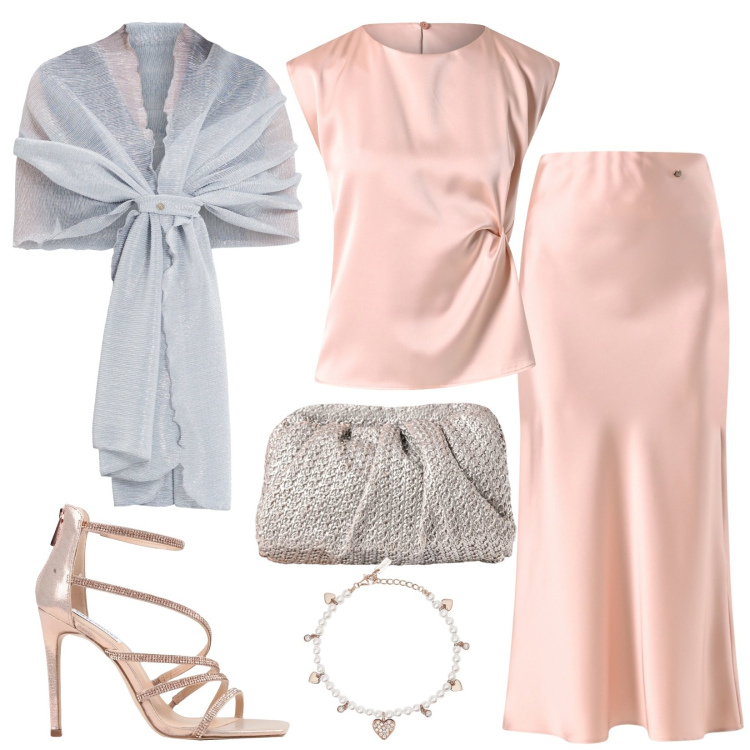 Outfit donna - Battesimo in rosa. Stile Chic per Cerimonia. Abbinamento con sandali col tacco, braccialetti, stole, gonne, top, clutch.