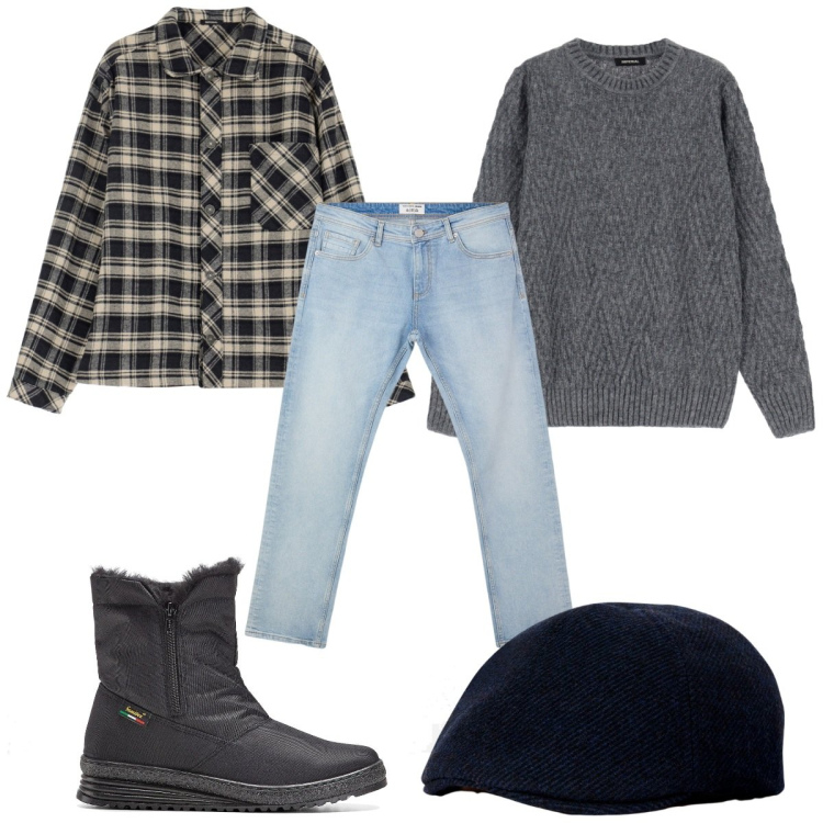 Outfit uomo - Total look #2093149. Stile Casual per Tutti i giorni. Abbinamento con stivali e stivaletti, jeans, maglieria, camicie, cappelli con visiera.
