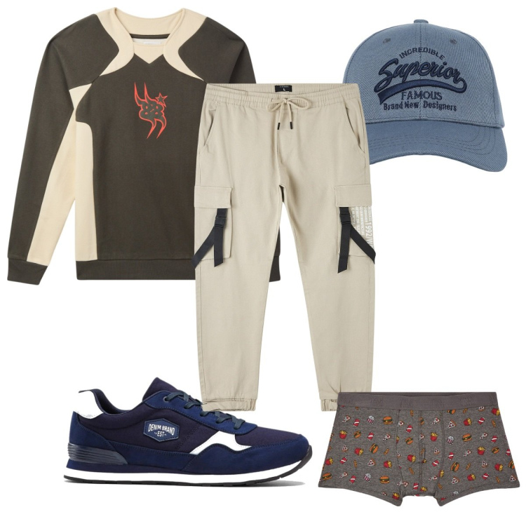 Outfit uomo - Total look #2093151. Stile Trendy per Tutti i giorni. Abbinamento con sneakers, pantaloni cargo, cappelli con visiera, boxer, felpe.