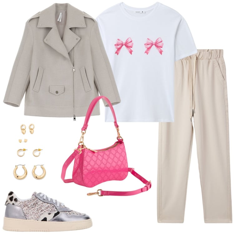 Outfit donna - Total look #2093152. Stile Casual per Tutti i giorni. Abbinamento con orecchini, pantaloni, t-shirt, blazer, sneakers, borse a tracolla.