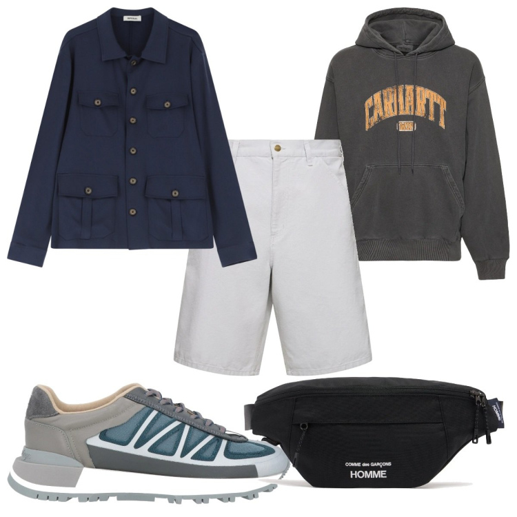 Outfit uomo - Total look #2093154. Stile Trendy per Tutti i giorni. Abbinamento con sneakers, camicie, shorts, borse sportive, felpe con cappuccio.