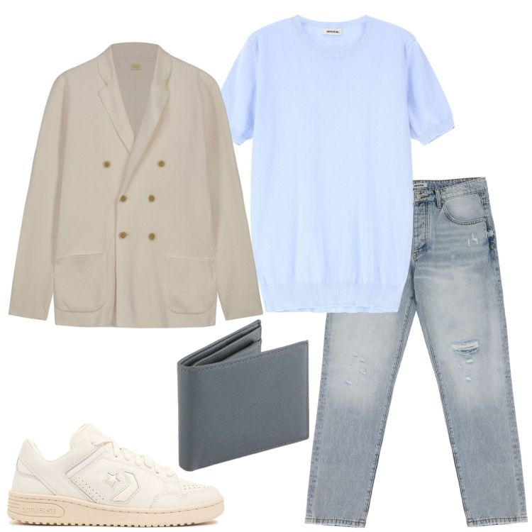 Outfit uomo - Cadual chic. Stile Casual per Tutti i giorni. Abbinamento con jeans strappati, maglieria, sneakers, portafogli, cardigans.