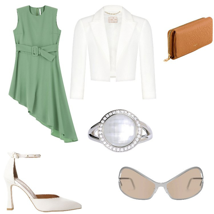 Outfit donna - Zayra. Stile Glamour per Serata fuori. Abbinamento con anelli, bolero, vestiti corti, décolleté, occhiali da sole, portafogli.