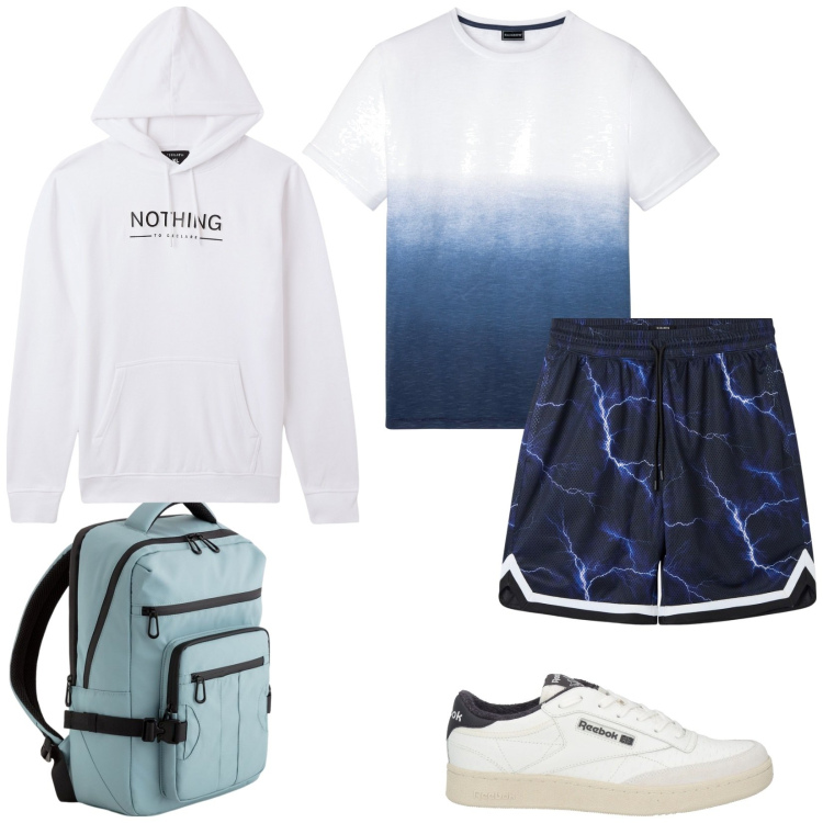Outfit uomo - Allenamenti. Stile Casual per Sport. Abbinamento con t-shirt, sneakers, bermuda, felpe con cappuccio, borse sportive.