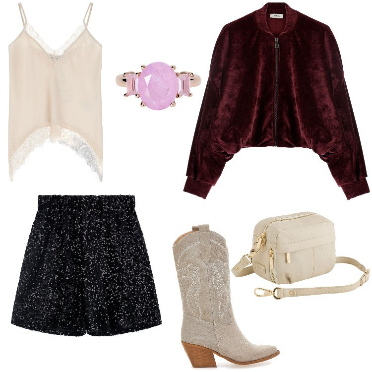 Outfit donna - Arriviolet. Stile Rock per Serata fuori. Abbinamento con anelli, felpe, top, shorts, stivaletti texani, borse a tracolla.