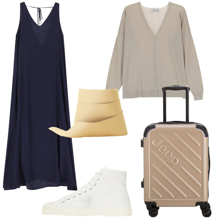 Outfit donna - Please Saint Tropez. Stile Trendy per Tutti i giorni. Abbinamento con vestiti lunghi, cardigans, cinture, sneakers alte, valigie.