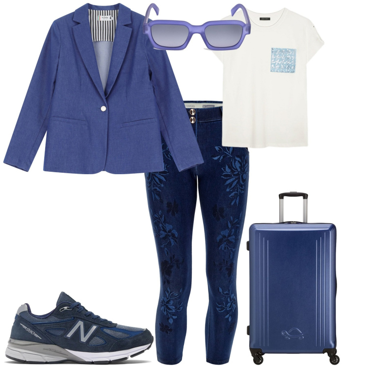 Outfit donna - Sporty chic in viaggio. Stile Sporty chic per Mare. Abbinamento con sneakers, blazer, jeans skinny, t-shirt, valigie, occhiali da sole.