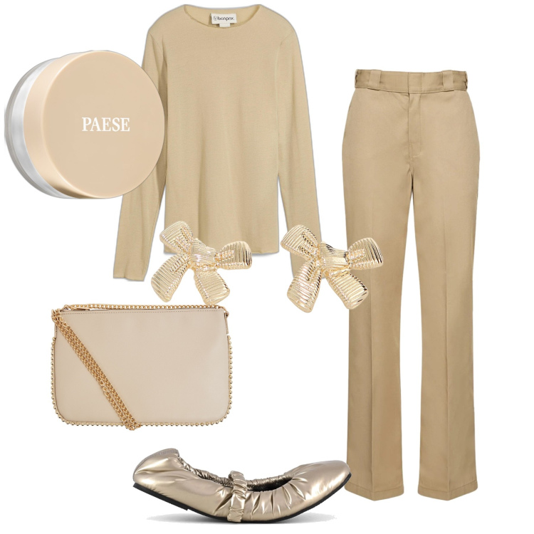 Outfit donna - Look in tinta. Stile Bon Ton per Tutti i giorni. Abbinamento con maglieria, ciprie, borse a tracolla, orecchini, pantaloni, ballerine.