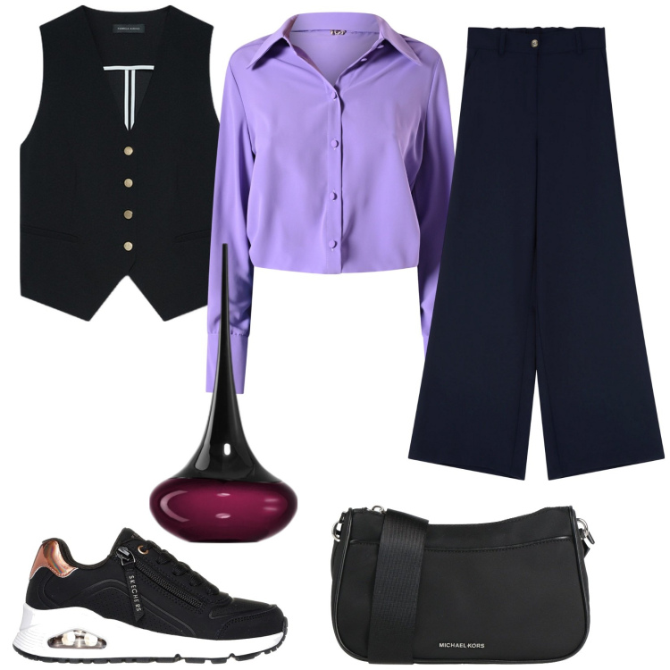 Outfit donna - Casual chic primavera. Stile Casual chic per Tutti i giorni. Abbinamento con borse a tracolla, profumi, camicie, pantaloni a palazzo, sneakers, gilet.