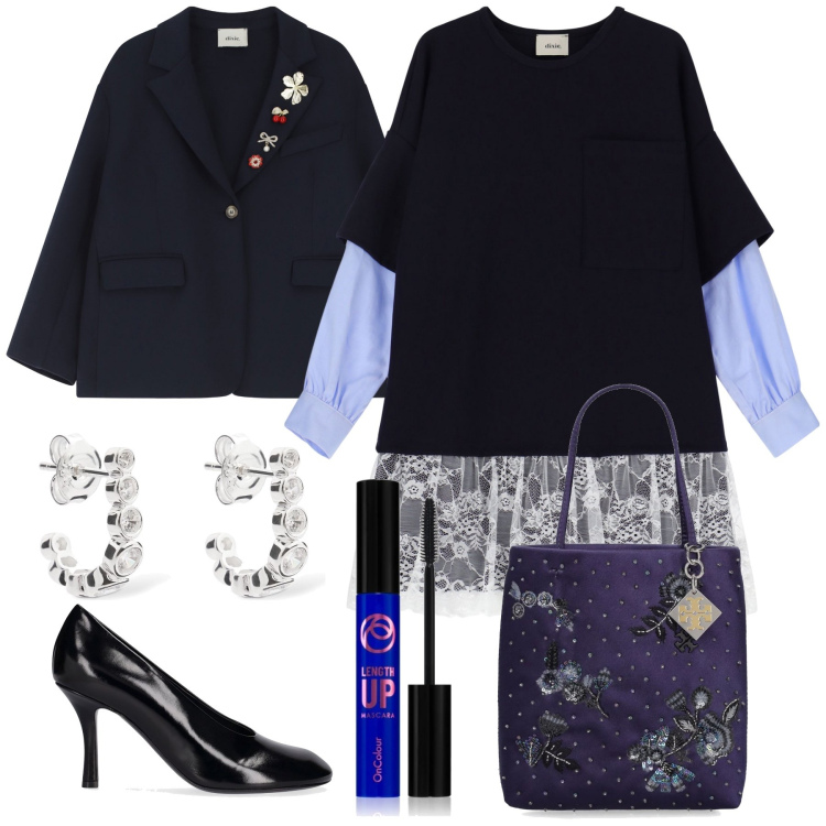 Outfit donna - Compleanno a sorpresa. Stile Glamour per Serata fuori. Abbinamento con mascara, vestiti, blazer, borse a mano, orecchini, décolleté.