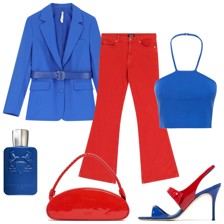 Outfit donna - Blu royal e rosso. Stile Casual chic per Serata fuori. Abbinamento con profumi, blazer, pantaloni, top, borse a spalla, sandali in pelle.