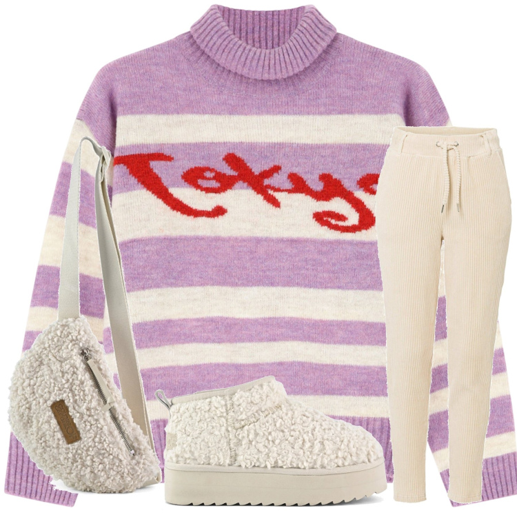 Outfit donna - Tokyo. Stile Casual per Tutti i giorni. Abbinamento con pantaloni, maglieria, stivaletti, marsupi.