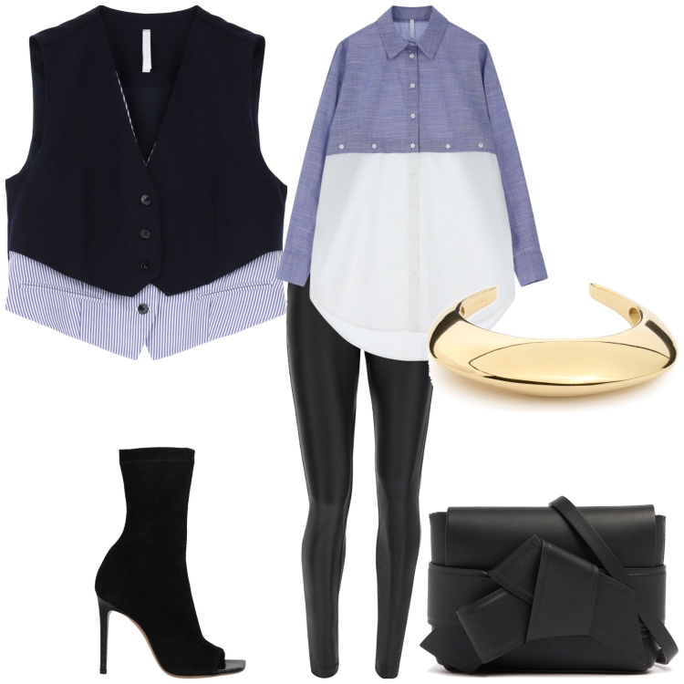 Outfit donna - Total look. Stile Glamour per Ufficio. Abbinamento con stivaletti, camicie, gilet, pantaloni skinny, borse a spalla, braccialetti.