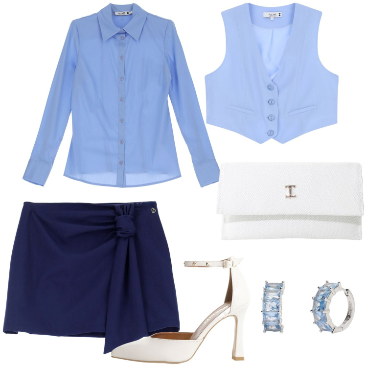 Outfit donna - Please Saint Tropez. Stile Preppy per Serata fuori. Abbinamento con orecchini, minigonne, gilet, camicie, borse a tracolla, décolleté.