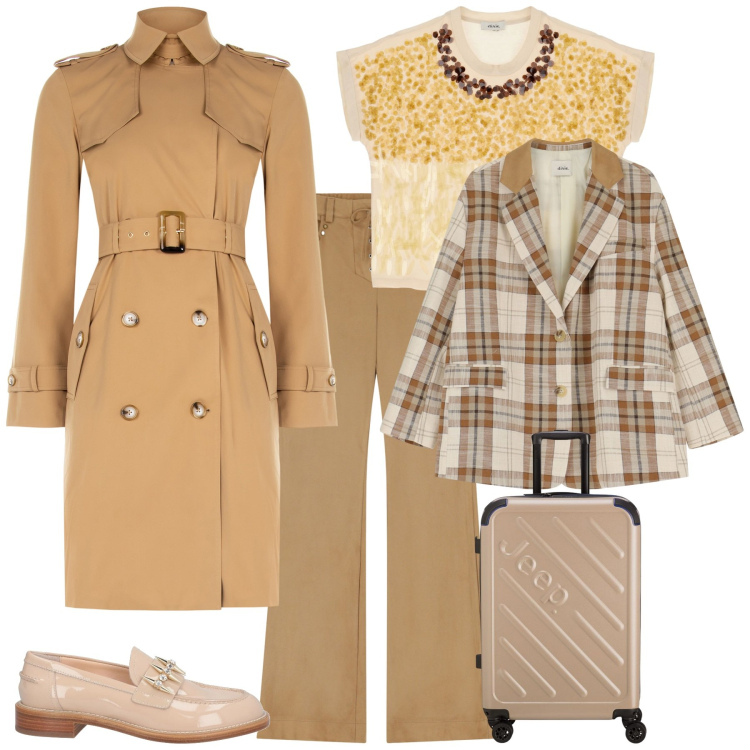 Outfit donna - Viaggio di lavoro. Stile Trendy per Ufficio. Abbinamento con mocassini, t-shirt, blazer, pantaloni, trench, valigie.