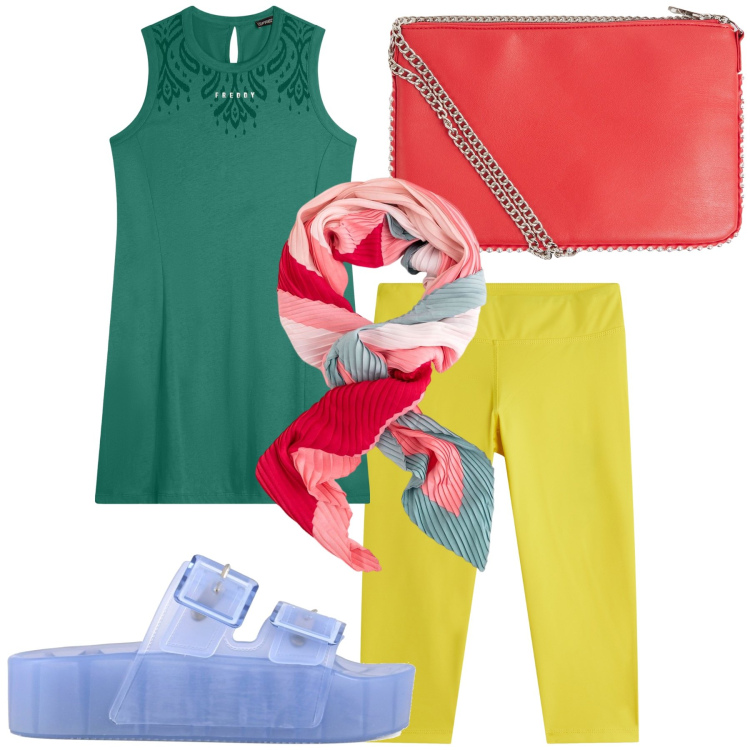 Outfit donna - Sempre evviva il colore. Stile Trendy per Tutti i giorni. Abbinamento con borse a tracolla, leggings, vestiti midi/longuette, sandali, foulard.