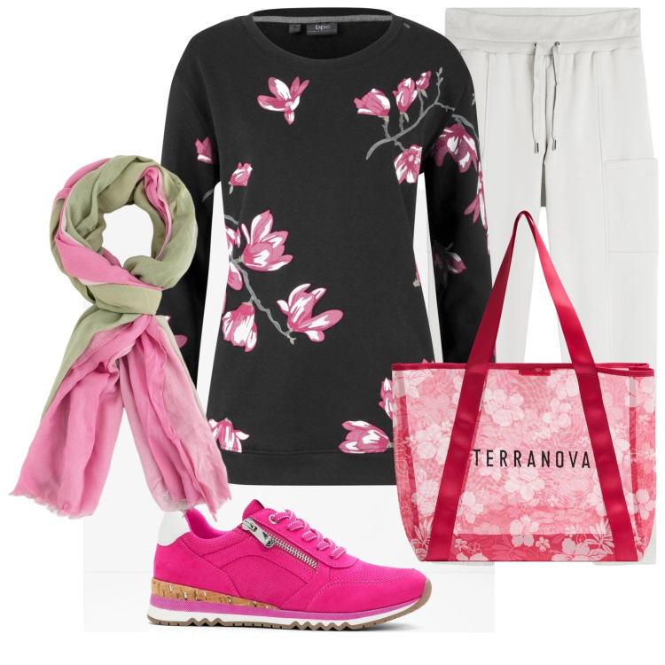 Outfit donna - Magnolia. Stile Casual per Tutti i giorni. Abbinamento con felpe, sneakers, shopping bag, pantaloni, portafogli.