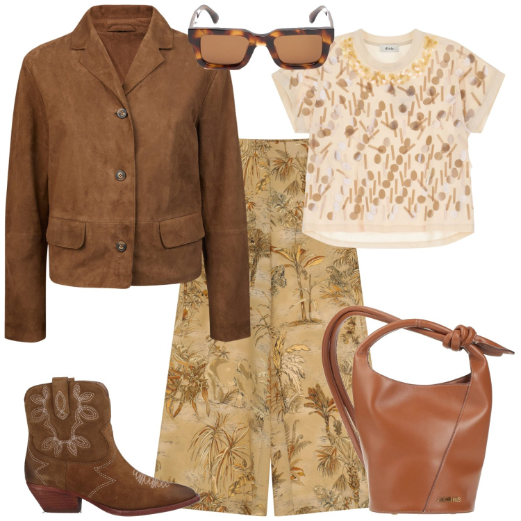 Outfit donna - Country chic. Stile Sporty chic per Ufficio. Abbinamento con borse a secchiello, stivaletti texani, pantaloni a palazzo, t-shirt, blazer, occhiali da sole.
