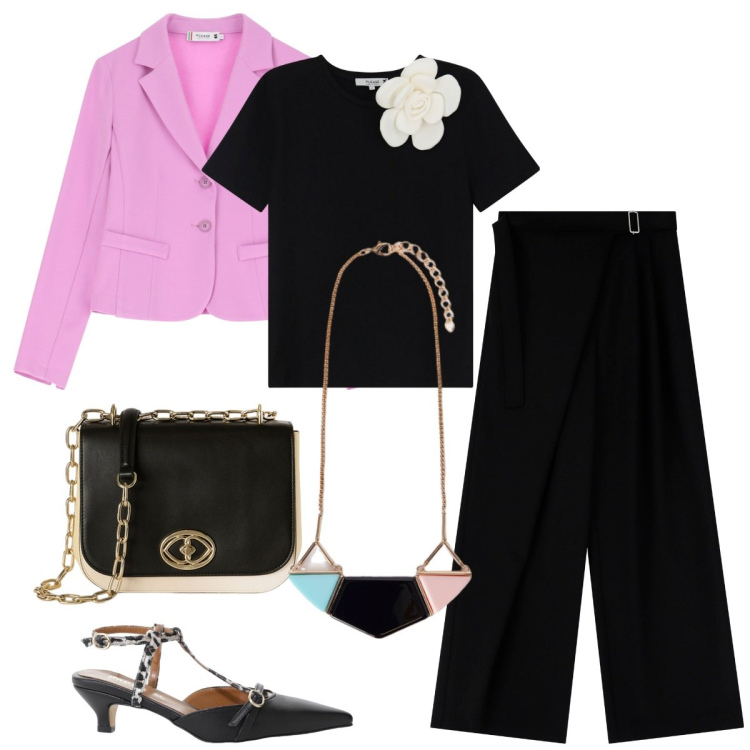 Outfit donna - Serata. Stile Casual chic per Serata fuori. Abbinamento con t-shirt, blazer, pantaloni a palazzo, décolleté, ciondoli, borse a tracolla.