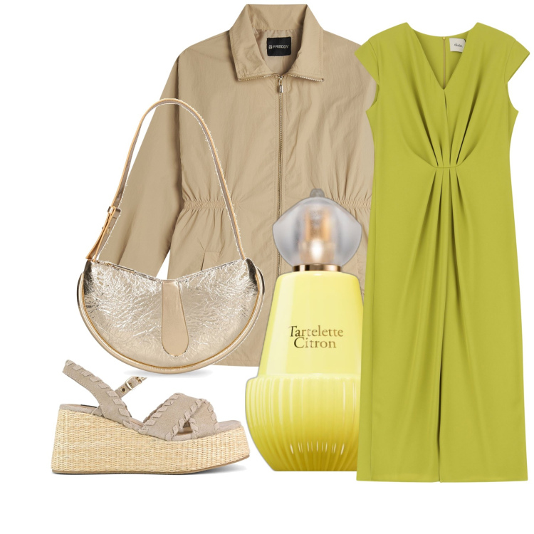 Outfit donna - Colorí della natura il pistacchio. Stile Chic per Tutti i giorni. Abbinamento con profumi, parka, vestiti midi/longuette, zeppe, borse a spalla.