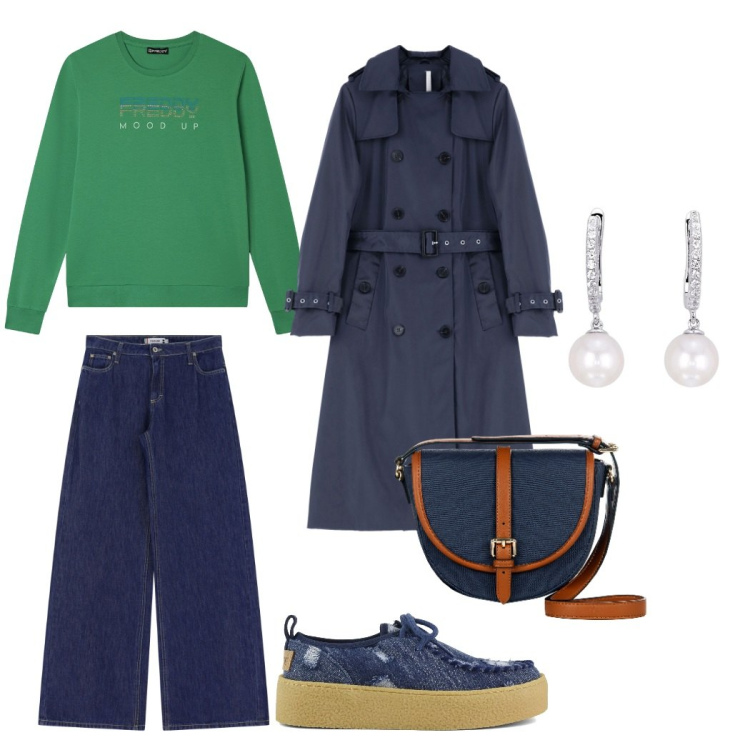 Outfit donna - I love trench!. Stile Urban per Tutti i giorni. Abbinamento con orecchini, borse a tracolla, jeans, trench, felpe, mocassini.