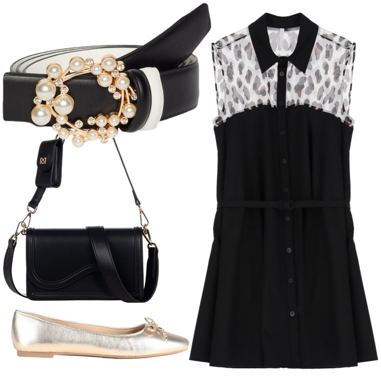 Outfit donna - Fibbia Perle e oro. Stile Chic per Serata fuori. Abbinamento con ballerine, pochette, vestiti corti, cinture.