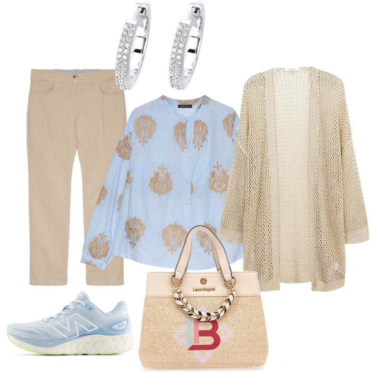 Outfit donna - In città. Stile Casual chic per Tutti i giorni. Abbinamento con kimono, orecchini, sneakers, bluse, pantaloni, borse a mano.