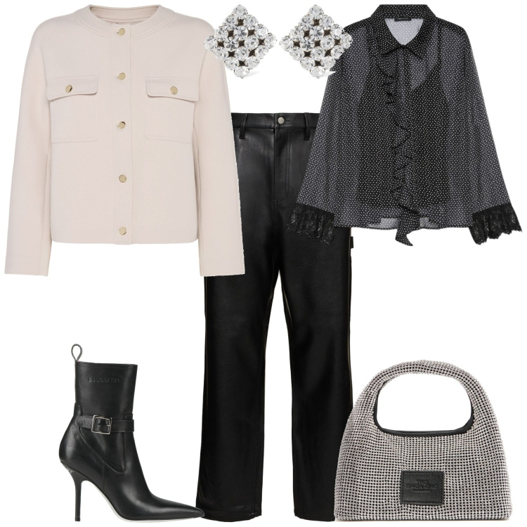 Outfit donna - Rock chic evento serata glamour. Stile Rock per Serata fuori. Abbinamento con stivaletti, camicie, orecchini, pantaloni, blazer, borse a mano.