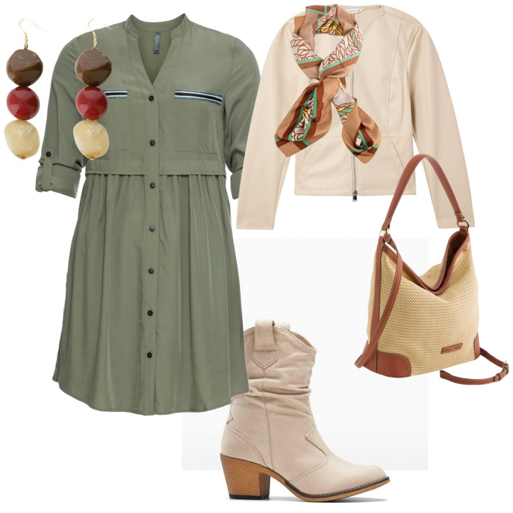 Outfit donna - I primi caldi. per Tutti i giorni. Abbinamento con stivaletti texani, vestiti chemisier, blazer, orecchini, borse a tracolla, foulard.