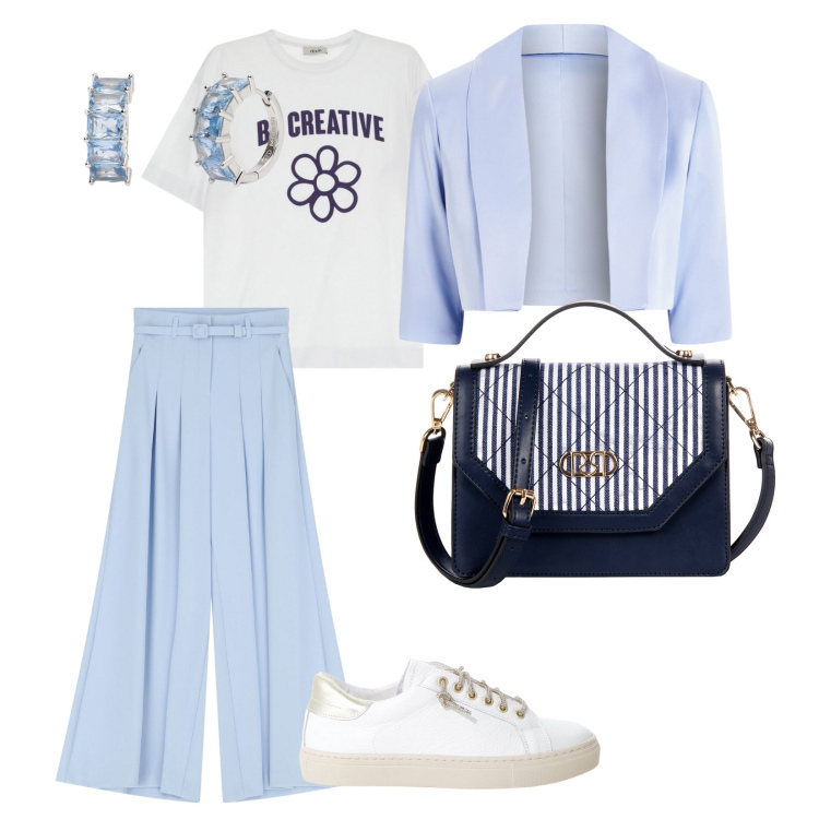 Outfit donna - Pantaloni e bolero. per Tutti i giorni. Abbinamento con pantaloni, sneakers, t-shirt, orecchini, bolero, borse a mano.