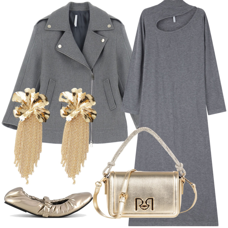 Outfit donna - Grigio e oro. Stile Chic per Tutti i giorni. Abbinamento con borse a mano, vestiti asimmetrici, blazer, orecchini, ballerine.