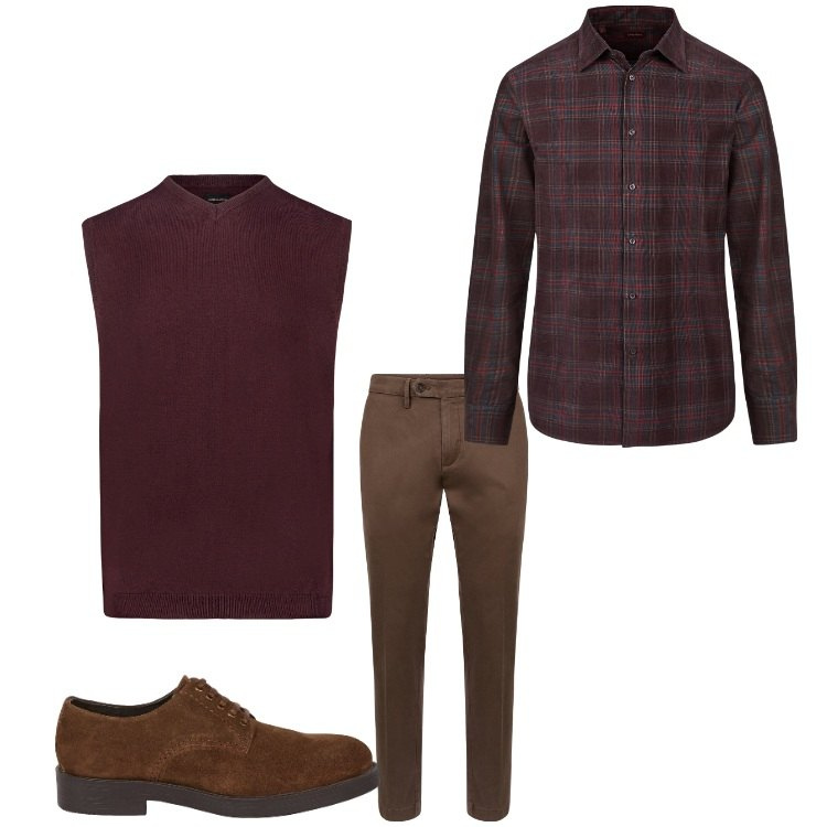 Outfit uomo - Gilet e marrone. Stile Casual per Tutti i giorni. Abbinamento con camicie, scarpe stringate, pantaloni chino, gilet.