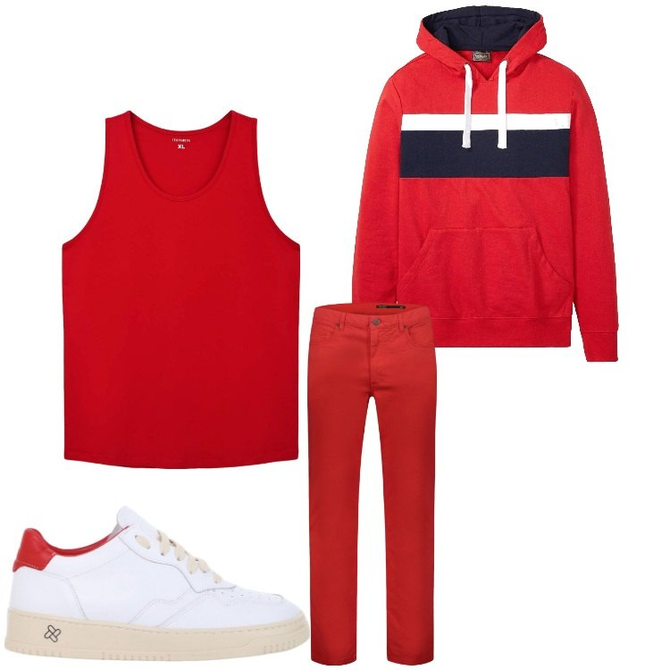Outfit uomo - Rosso. Stile Casual per Tutti i giorni. Abbinamento con felpe con cappuccio, canottiere, sneakers, pantaloni.
