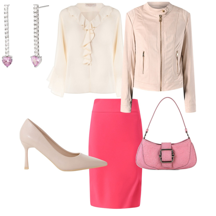 Outfit donna - Riunione a lavoro. per Ufficio. Abbinamento con décolleté, orecchini, bluse, gonne, blazer, borse a spalla.