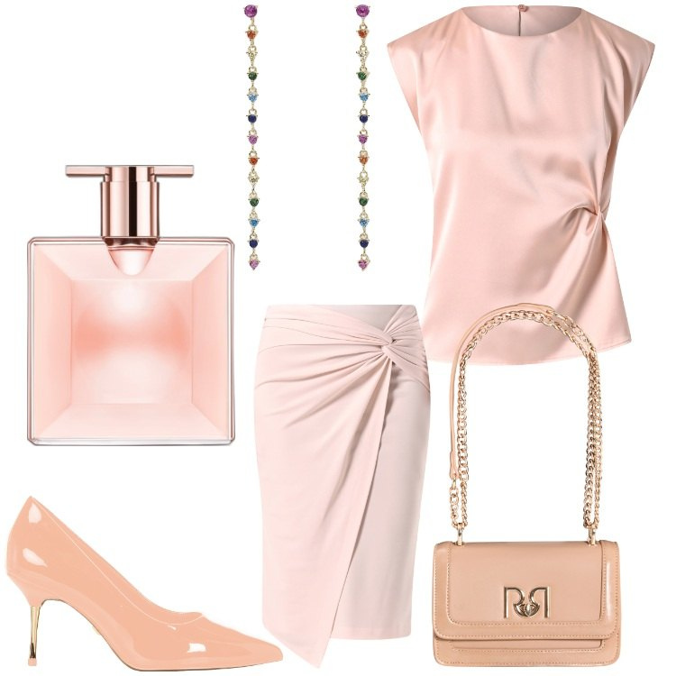 Outfit donna - Tenue chic. Stile Chic per Serata fuori. Abbinamento con profumi, orecchini, décolleté, borse a tracolla, top, gonne.