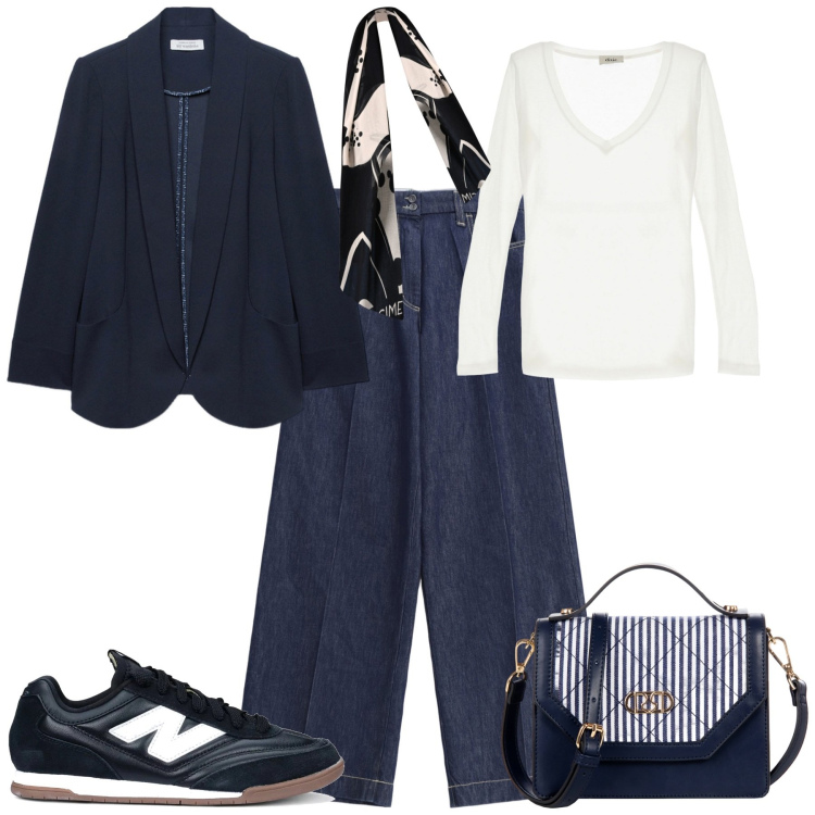 Outfit donna - Ufficio tempo libero. Stile Sporty chic per Ufficio. Abbinamento con sneakers, borse a mano, sciarpe, jeans, t-shirt, blazer.