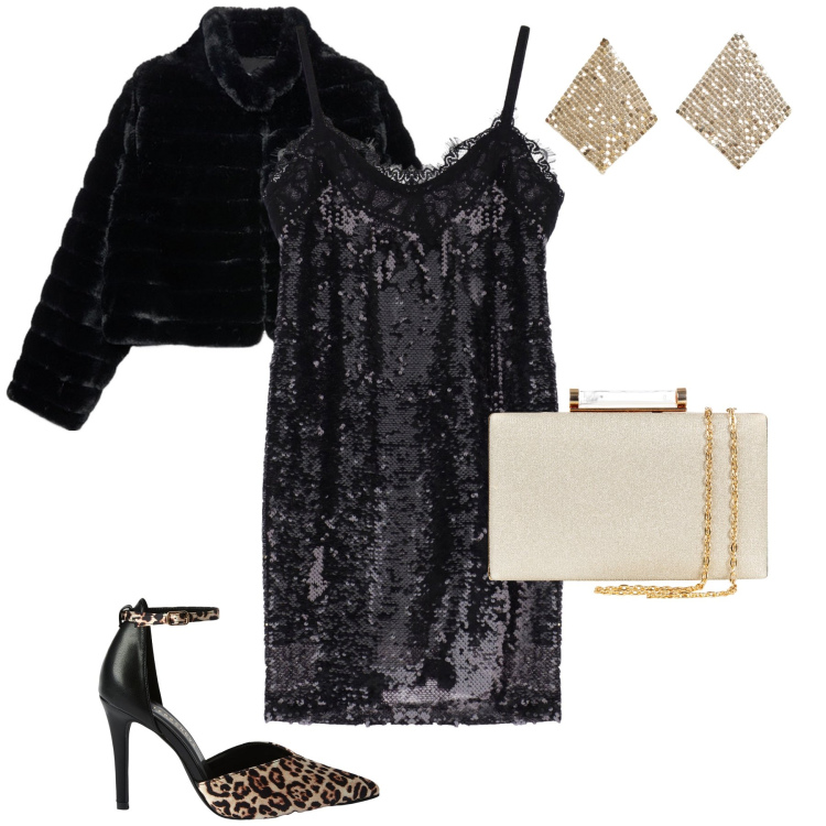Outfit donna - L’abito in paillettes. Stile Glamour per Serata fuori. Abbinamento con décolleté, orecchini, clutch, vestiti corti, blazer.