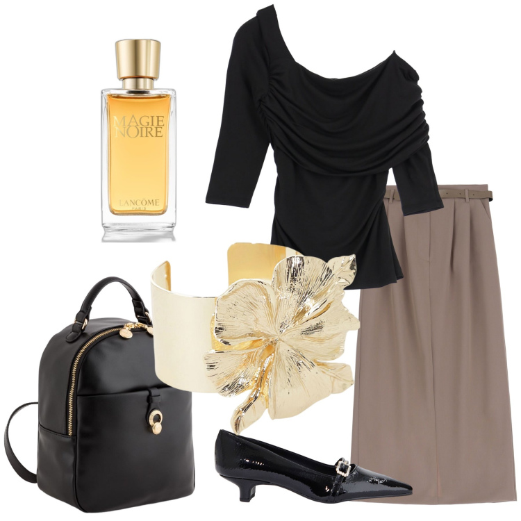Outfit donna - Spalla scoperta. Stile Chic per Serata fuori. Abbinamento con profumi, gonne lunghe, top, ballerine, braccialetti, zaini.