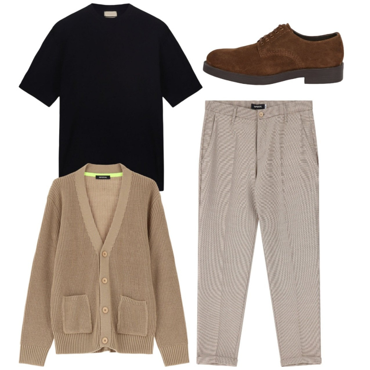 Outfit uomo - Stringate. Stile Trendy per Tutti i giorni. Abbinamento con cardigans, pantaloni, scarpe stringate, t-shirt.