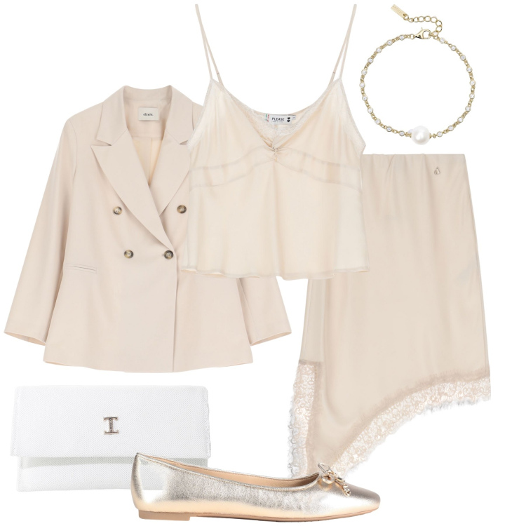 Outfit donna - Toni pastello. Stile Romantica per Cerimonia. Abbinamento con ballerine, top, borse a tracolla, braccialetti, blazer, gonne longuette.