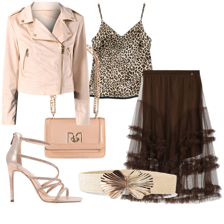Outfit donna - Metti una sera a cena. Stile Glamour per Serata fuori. Abbinamento con cinture, sandali col tacco, borse a tracolla, giacche, top, gonne lunghe.