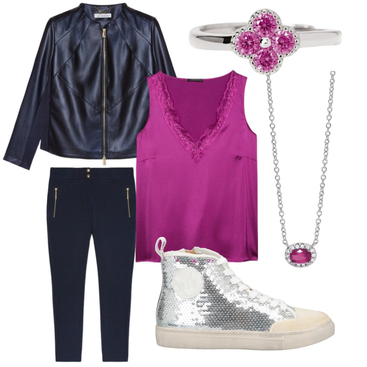 Outfit donna - Dynamic girl. Stile Casual per Tutti i giorni. Abbinamento con sneakers alte, collane, anelli, top, pantaloni skinny, blazer.