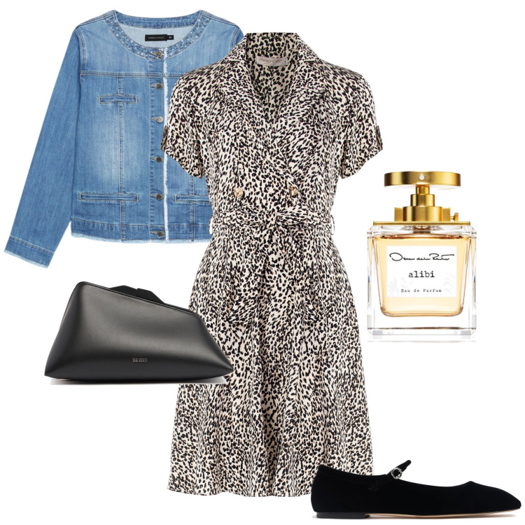 Outfit donna - Il vestito animalier. Stile Bon Ton per Serata fuori. Abbinamento con profumi, vestiti corti, ballerine, blazer, pochette.