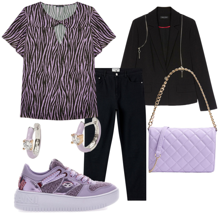 Outfit donna - Casual stilosa. Stile Casual per Tutti i giorni. Abbinamento con borse a tracolla, jeans skinny, orecchini, sneakers, blazer, bluse.