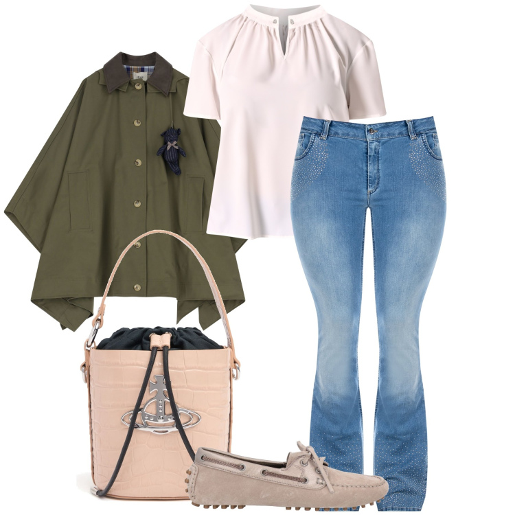 Outfit donna - La borsa a secchiello. Stile Casual chic per Tutti i giorni. Abbinamento con mocassini, trench, top, jeans a zampa, borse a mano.