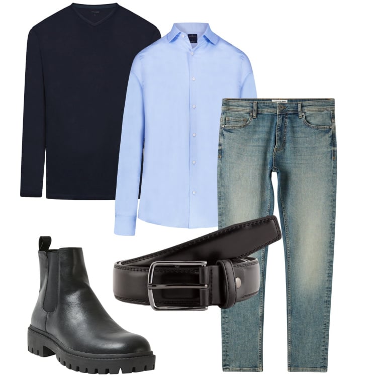 Outfit uomo - Camicia e jeans. Stile Business/Elegante per Ufficio. Abbinamento con jeans skinny, stivali e stivaletti, camicie, t-shirt, cinture.