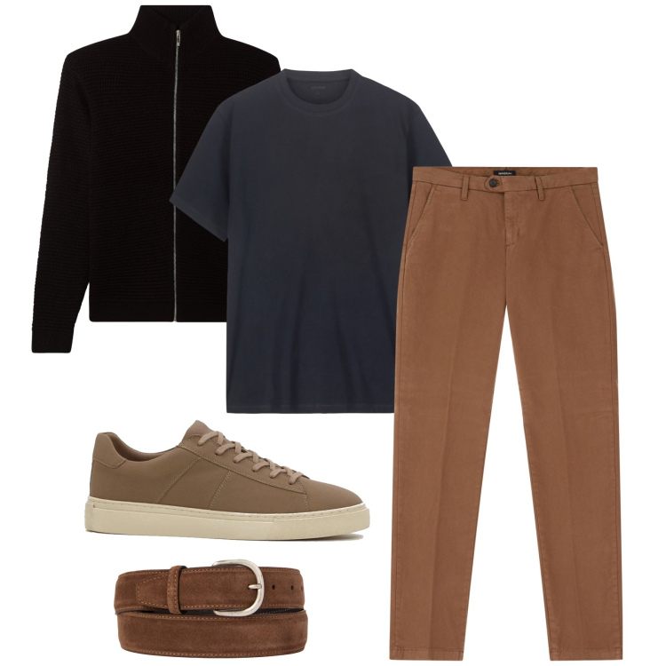 Outfit uomo - La cintura scamosciata. Stile Urban per Tutti i giorni. Abbinamento con sneakers, cardigans, pantaloni chino, cinture, t-shirt.