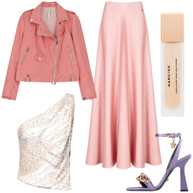 Outfit donna - Un po\' rock e un po\' romantica. Stile Glamour per Serata fuori. Abbinamento con top, sandali in pelle, profumi, gonne, giacche.